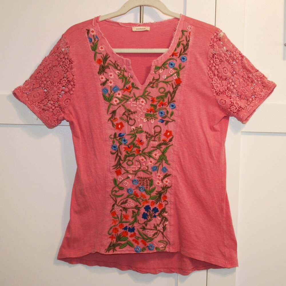Sundance Pink Floral Embroidered Crochet Sleeve Tee Raw Edges Size Medium